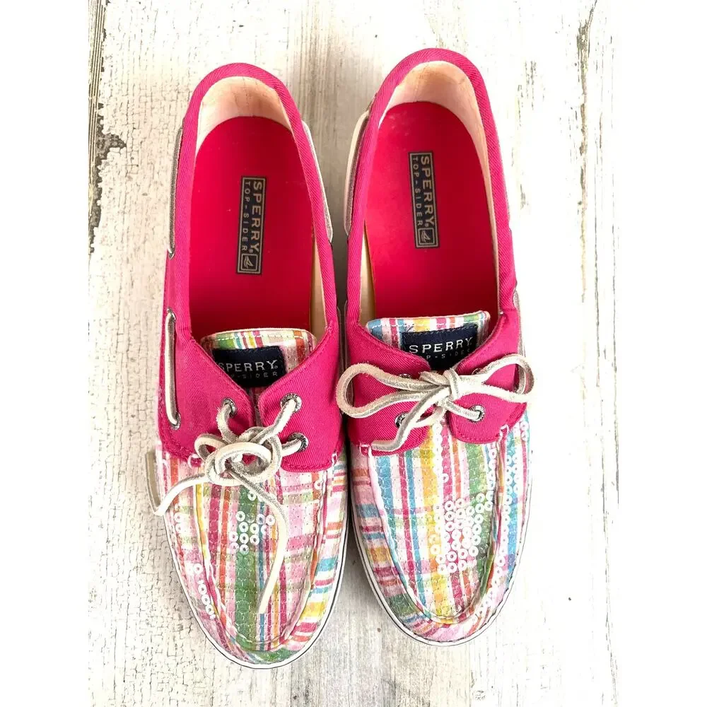 Sperry Womens 10 Pink Pastel Plaid Sequin Boat Shoes Coastal Chic